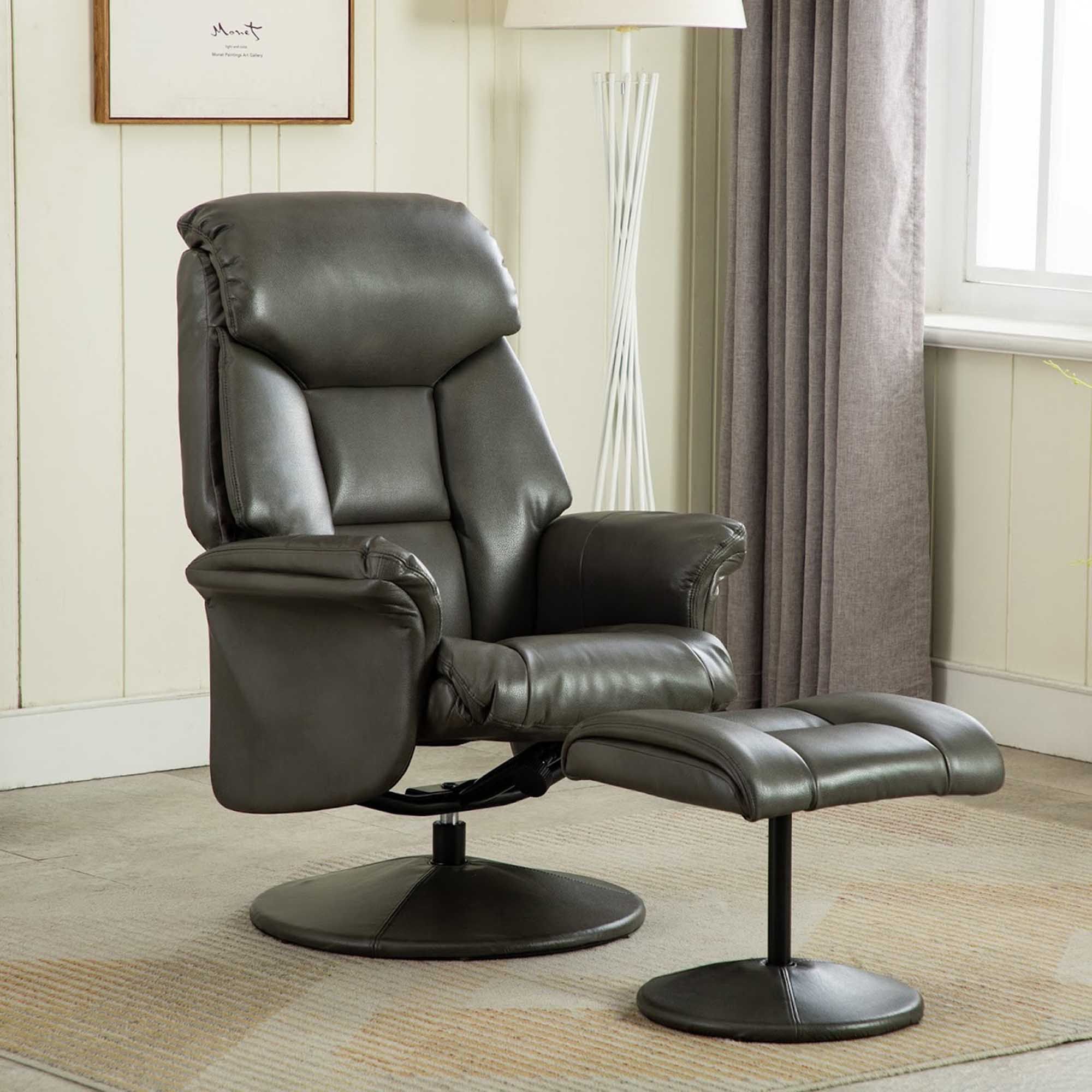 Dingle Swivel Recliner & Footstool Faux Leather Grey - Reclining Chairs ...