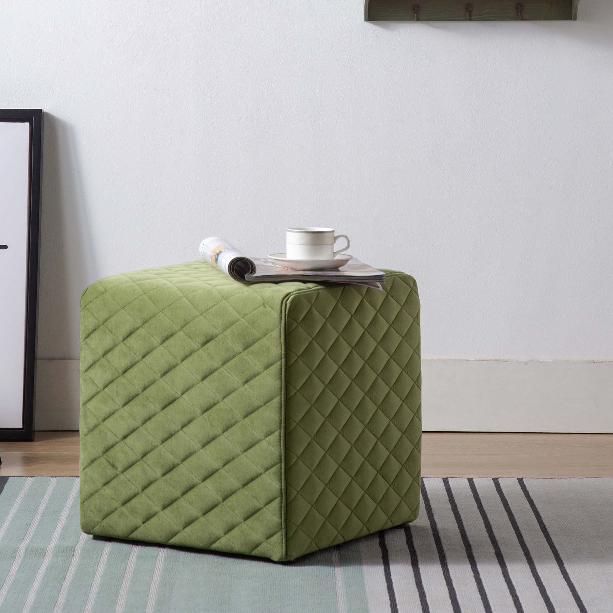 Amanda Quilted Cube Footstool Fabric Green Footstools & Ottomans