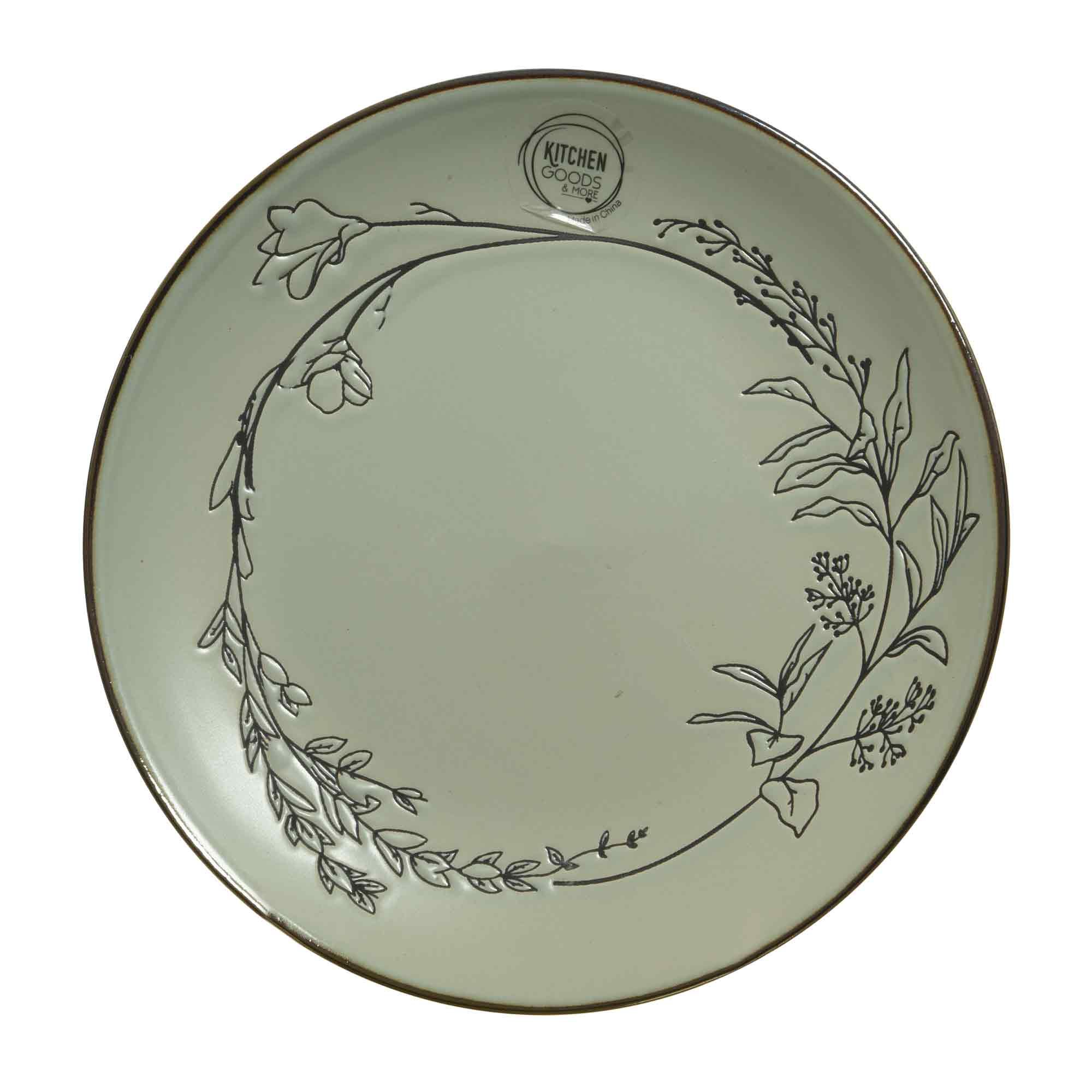 Stoneware Dinner Plate With Flowers & Metallic Rim Sage Green 27cm