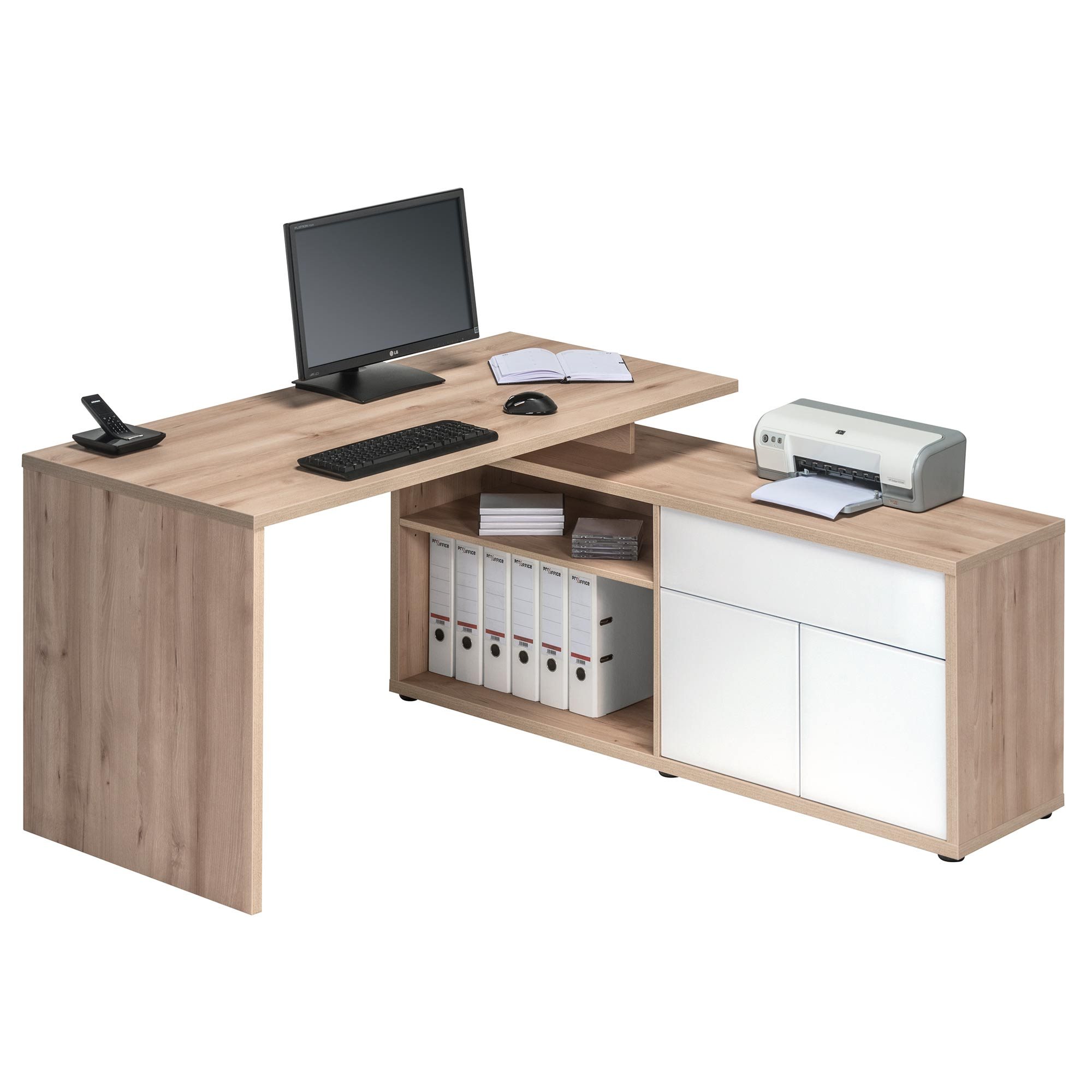 Maximum Corner Desk/Workstation Beech & High Gloss White I Home Office