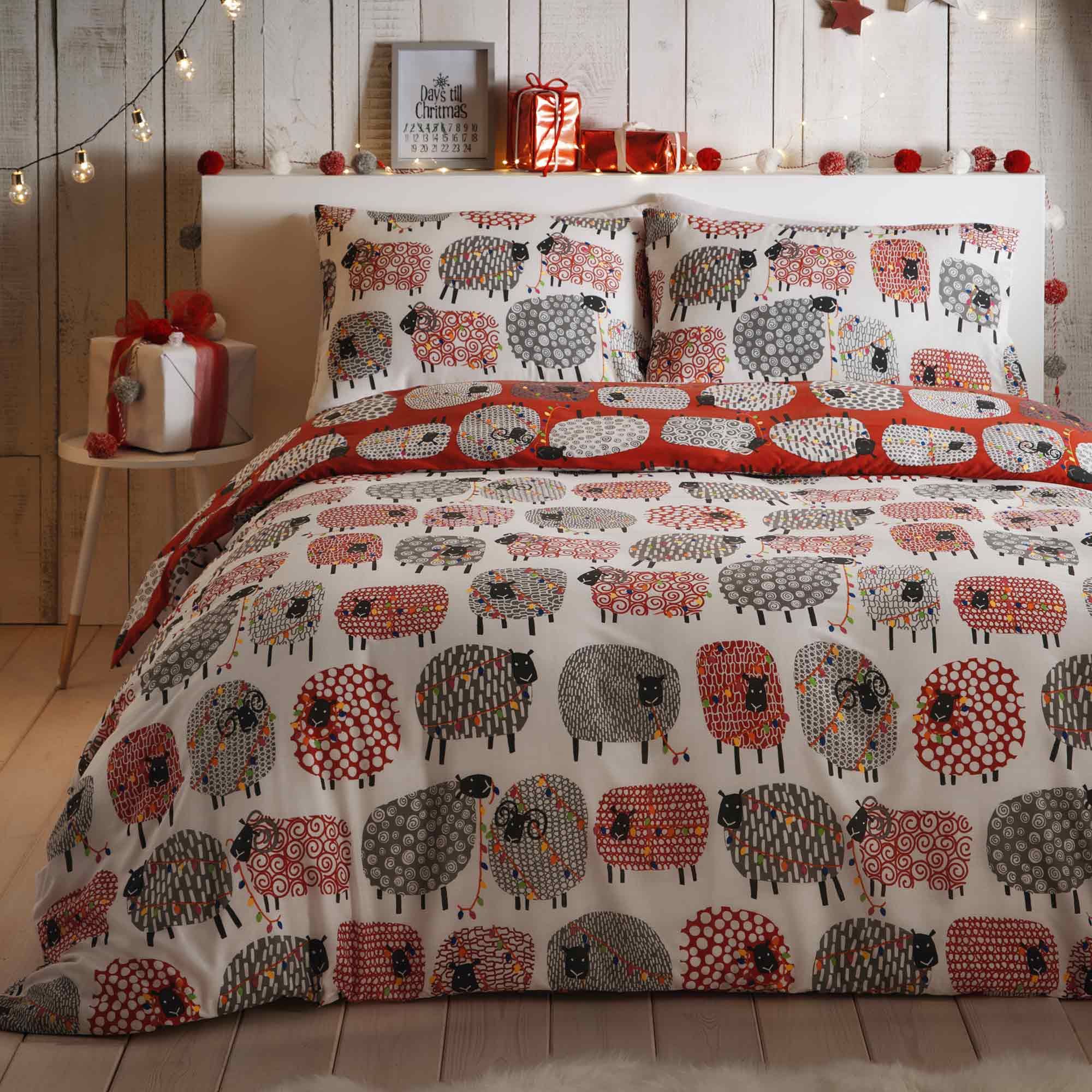 Fusion Christmas Dotty Sheep Reversible Duvet Cover Set Red Duvet