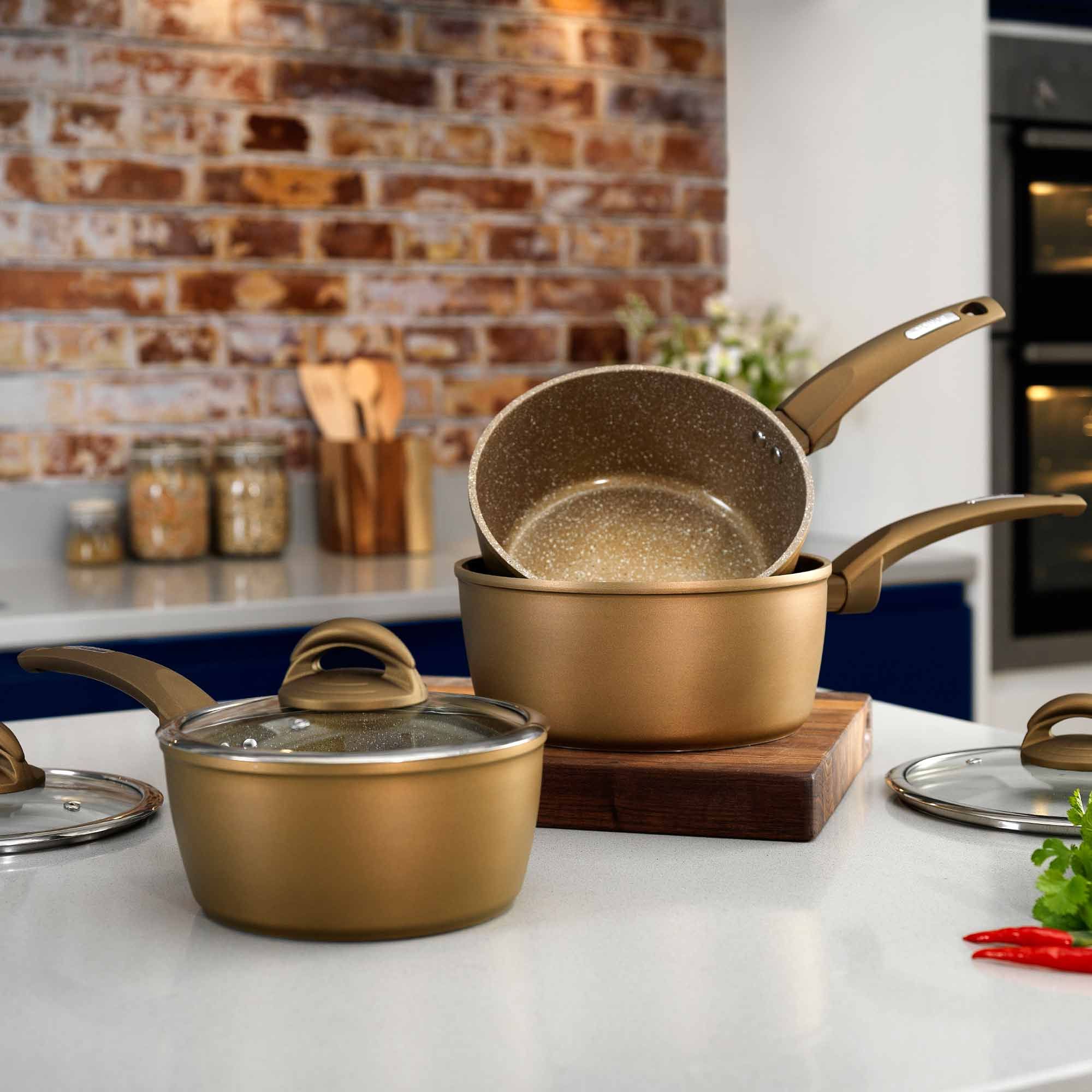 Tower Aluminium NonStick 3 Piece Saucepan Set Gold Saucepans
