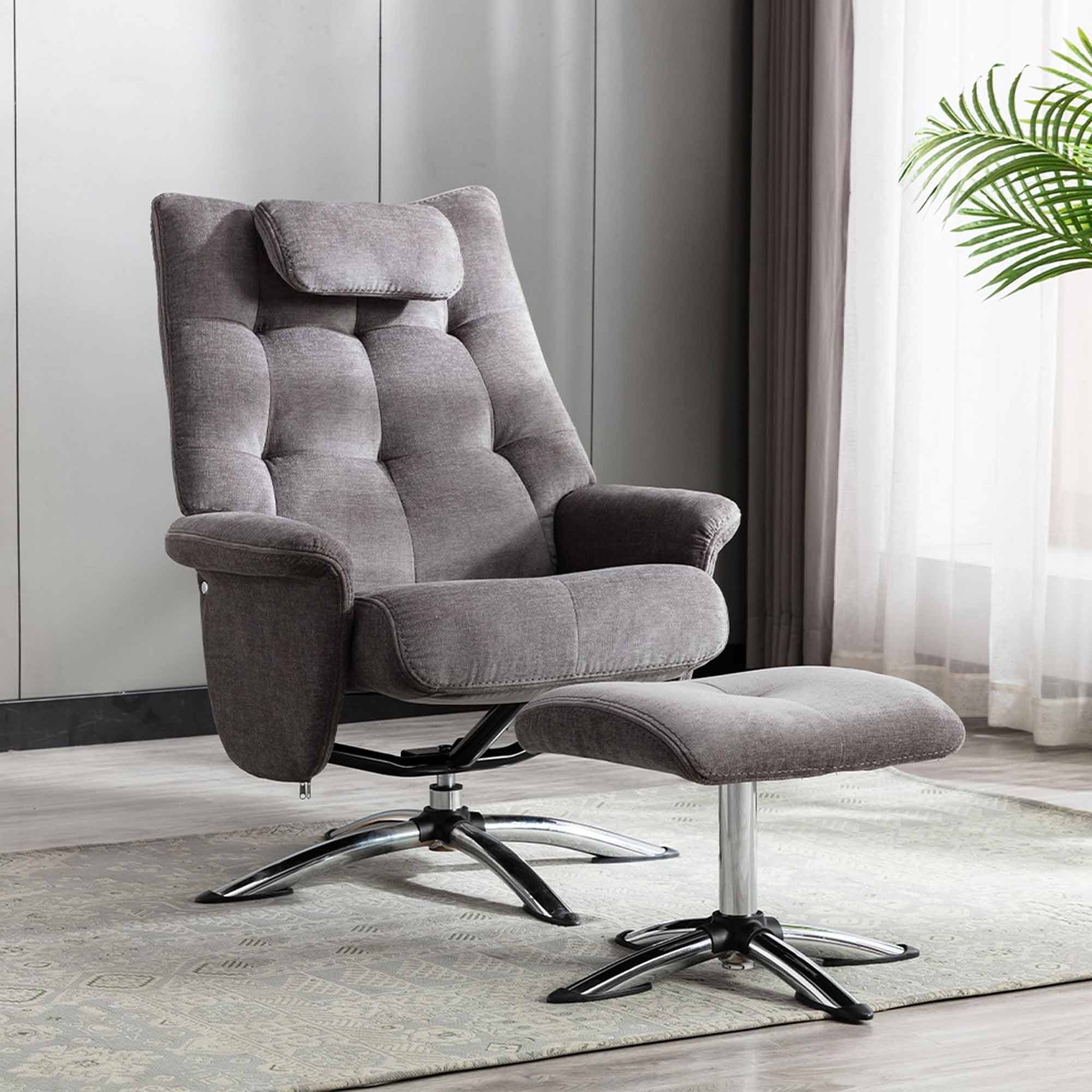 Welles Swivel Recliner Footstool Fabric Light Grey Meubles