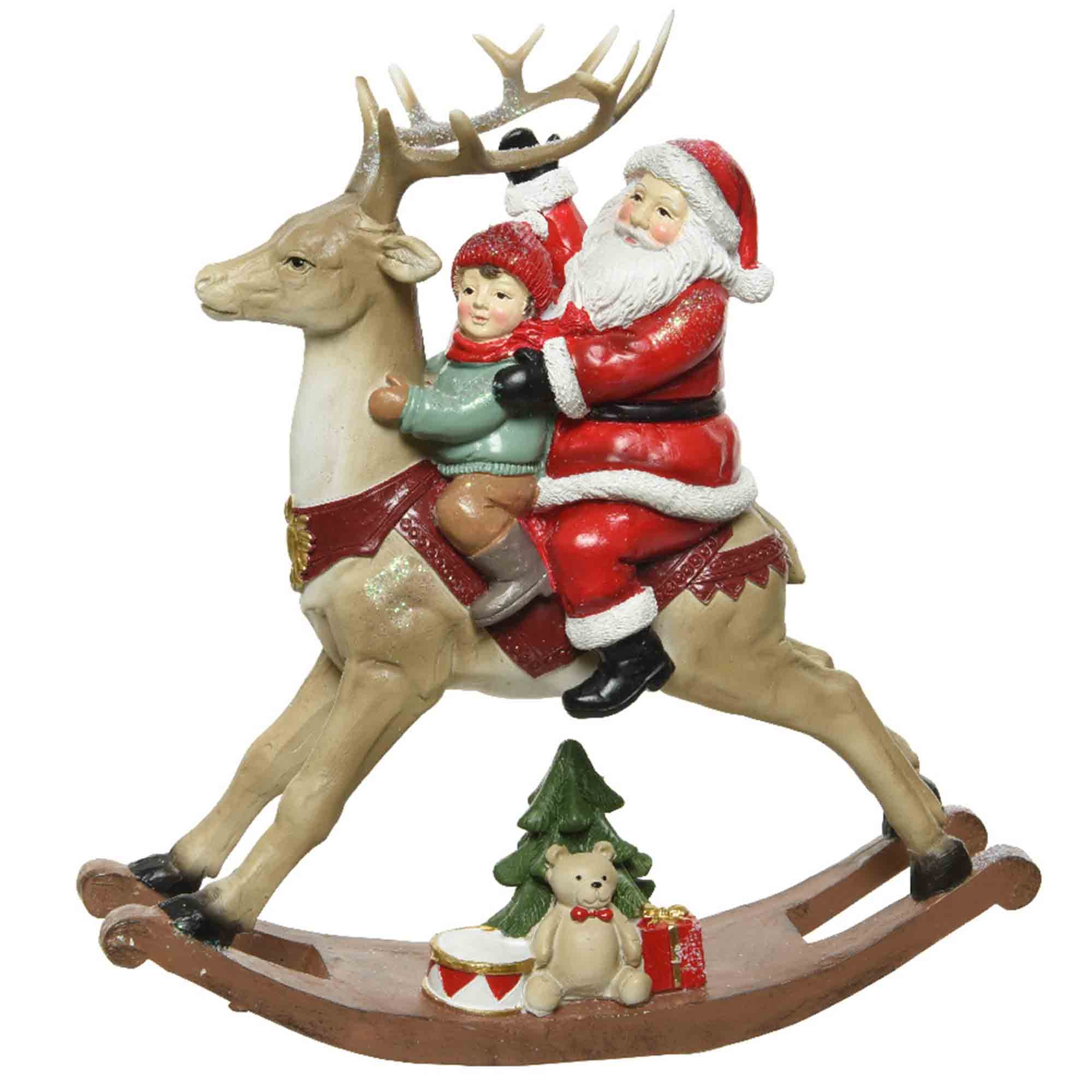Santa On Rocking Horse With Child Multicoloured 22.5cm - Meubles