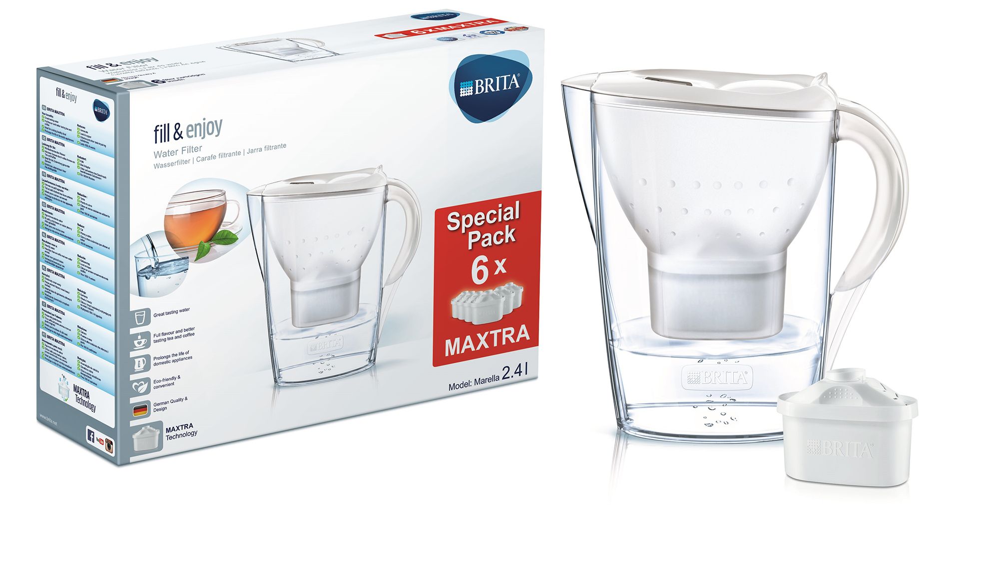 Brita Marella 2.4L White Cool Water Jug + 6 Replacement Cartridges
