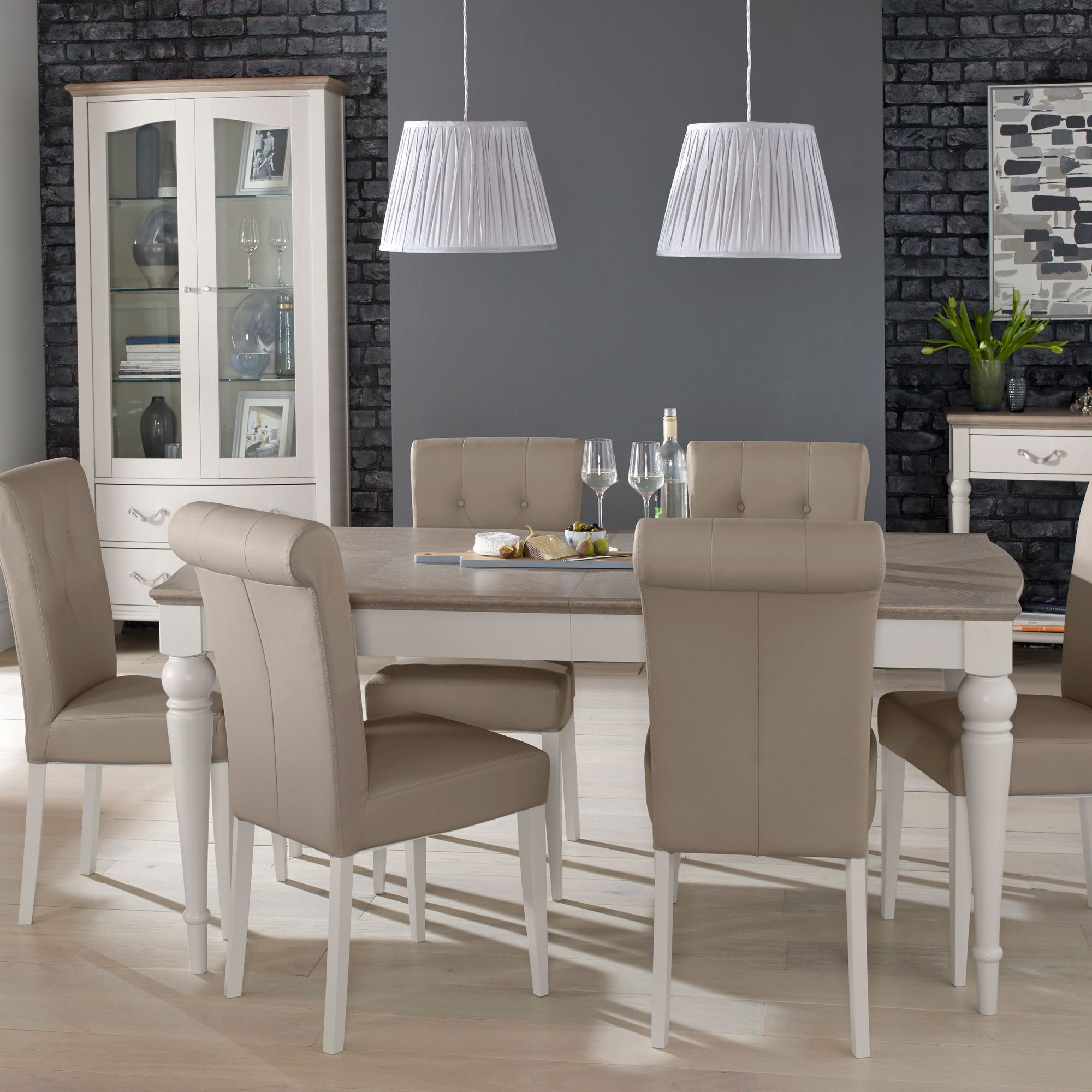 Grey Washed Oak Extending Dining Table, Grey Leather Dining Room Chairs With Oak Legs