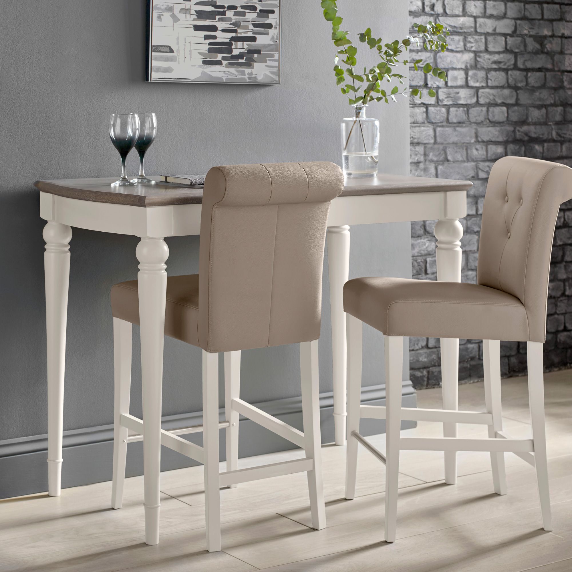 Freeport Grey Washed Oak Bar Table 2, Grey Upholstered Counter Stools
