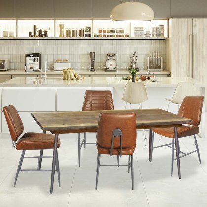 Live Edge 6 Person Oak Dining Table & 4 Cortina Vegan Leather Dining Chairs Tan Live Edge 6 Person Oak Dining Table & 4 Cortina Vegan Leather Dining Chairs Tan