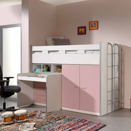 Bonny Mid Sleeper With Wardrobe, Chest of Drawers and Pull-Out Desk Light Pink