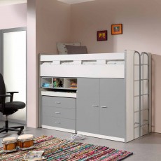 Bonny Mid Sleeper With Wardrobe, Chest of Drawers and Pull-Out Desk Silver