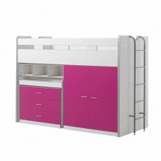 Bonny Mid Sleeper With Wardrobe, Chest of Drawers and Pull-Out Desk Fuchsia