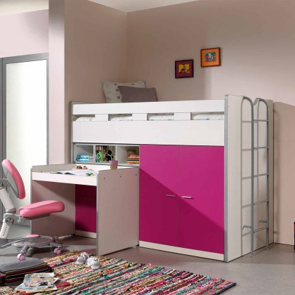 Bonny Mid Sleeper With Wardrobe, Chest of Drawers and Pull-Out Desk Fuchsia