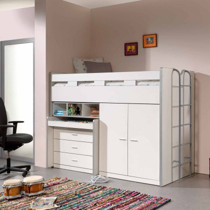 Bonny Mid Sleeper With Wardrobe, Chest of Drawers and Pull-Out Desk White