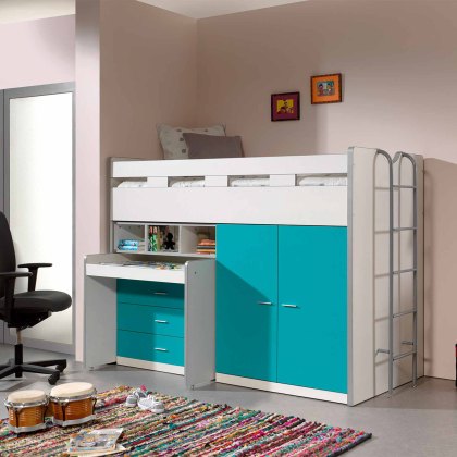Bonny Mid Sleeper With Wardrobe, Chest of Drawers and Pull-Out Desk Turquoise