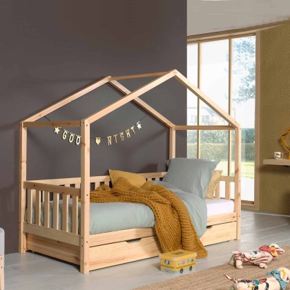 Dallas House Shaped Single (90cm) Bedstead with Fence Natural