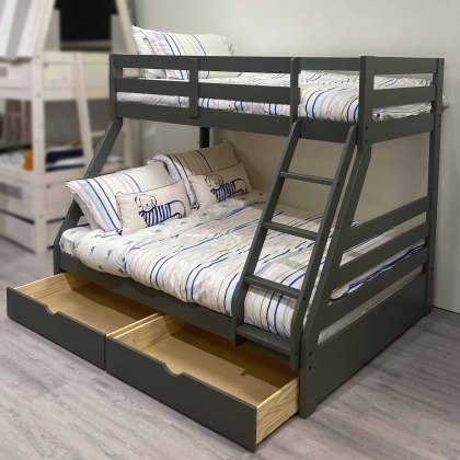 Solar Painted Triple/Dual Storage Bunk Bed Dark Grey + Single & Double Pocket Sprung Mattress Bundle