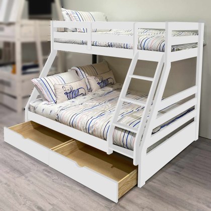 Solar Painted Triple/Dual Storage Bunk Bed White + Single & Double Pocket Sprung Mattress Bundle