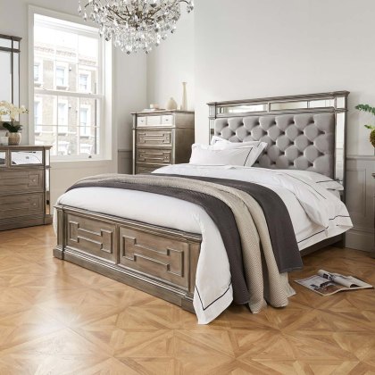 Nevada Bedstead Grey & Mirrored With Fabric Headboard (Multiple Sizes)
