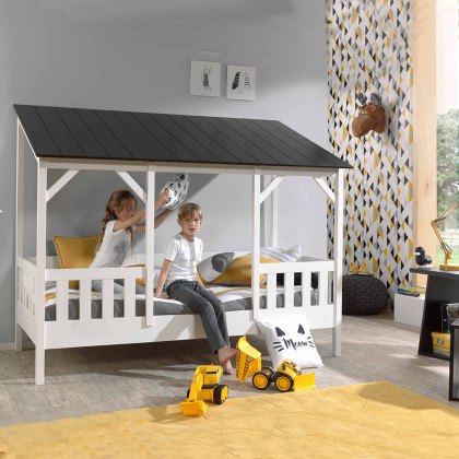 House Shaped Single (90cm) Bedstead With Three Roof Panels White & Black