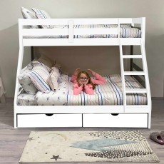 Solar Painted Triple/Dual Storage Bunk Bed White + Single & Double 'Orion' Mattress Bundle