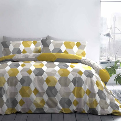Hexagon Reversible Duvet Cover Set Ochre (Multiple Sizes)