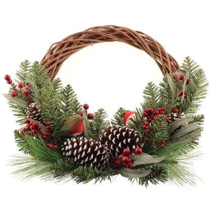 Mixed Pine Wreath With Robins, Red Berries & Pinecones 60cm