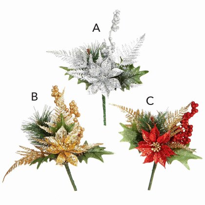 Poinsettia Pick With Glitter 26cm (Choice of 3)