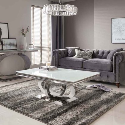 Orion Coffee Table Polished Steel & White Glass Top