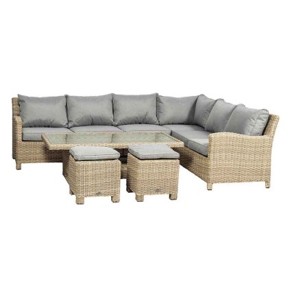 Wentworth 7 Person Outdoor Corner Sofa, Height Adjustable Table + 2 Footstools Set Sand