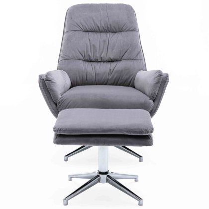 Hugo Swivel Chair With Footstool Velvet Fabric Grey