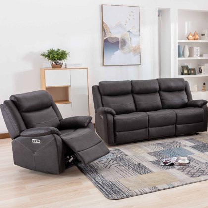 Forbes Electric Reclining 3 Seater Sofa With Dropdown Tray & Charger Faux Suede Slate