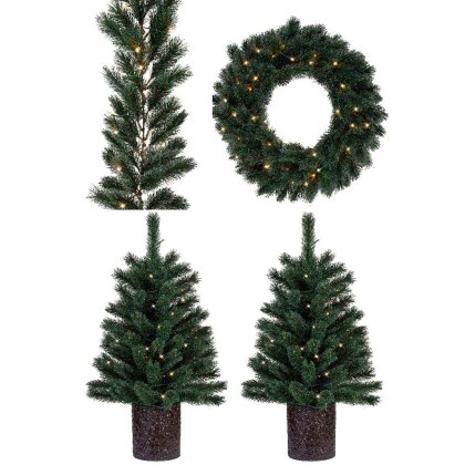 Malmo 2 Christmas Trees, Frosted Garland & Wreath Set LED Lights Warm White Outdoor