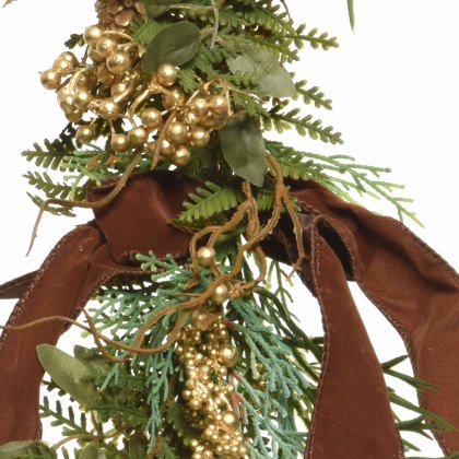Garland With Ribbon Bow, Berries, Pinecones & Glitter Green, Gold & Brown 6ft/180cm