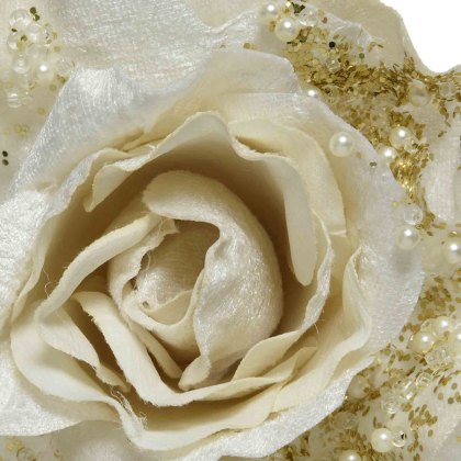 Decorative Rose With Beads & Glitter On Clip White & Gold