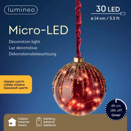 Micro LED Long Hanging Bauble With Glitter Red 14cm