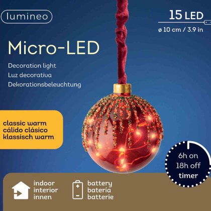 Micro LED Long Hanging Bauble With Glitter Red 10cm