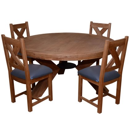 Triomphe Weathered Oak 6 Person Round Dining Table + 4 Dining Chairs With Brown Faux Leather Seats Triomphe Weathered Oak 6 Person Round Dining Table + 4 Dining Chairs With Brown Faux Leather Seats