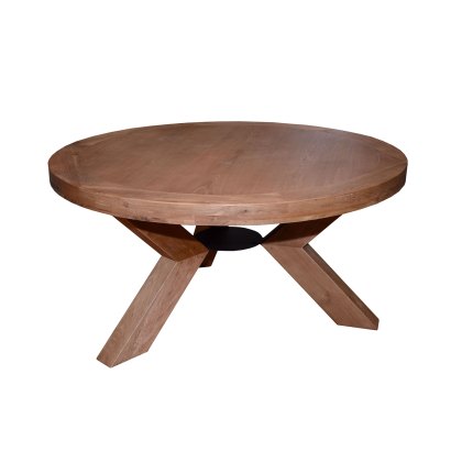 Triomphe Weathered Oak 6 Person Round Dining Table + 4 Dining Chairs With Brown Faux Leather Seats