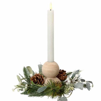 Modern Candleholder With Wooden Balls, Pinecones & Eucalyptus 22cm
