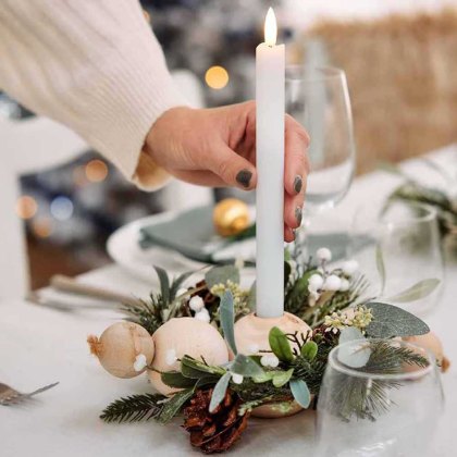 Modern Table Piece With Wooden Balls, Pinecones & Eucalyptus 30cm