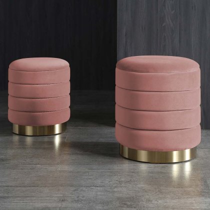 Round Padded Storage Footstools Fabric Blush Pink (Set of 2)