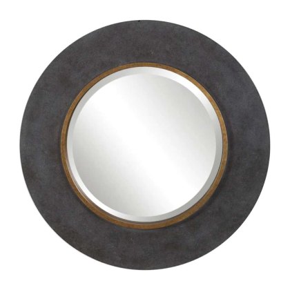 Saul Round Mirror Grey Wood Frame with Brass Accents Saul Round Mirror Grey Wood Frame with Brass Accents