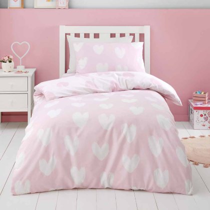 Hearts Brushed Cotton Reversible Single Duvet Cover Set Pink & White