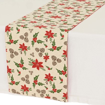 Table Runner With Pinecones & Flowers White & Red 150cm x 40cm Table Runner With Pinecones & Flowers White & Red 150cm x 40cm