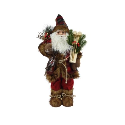Santa With Tartan Coat, Fur & Skis Red 30cm Santa With Tartan Coat, Fur & Skis Red 30cm