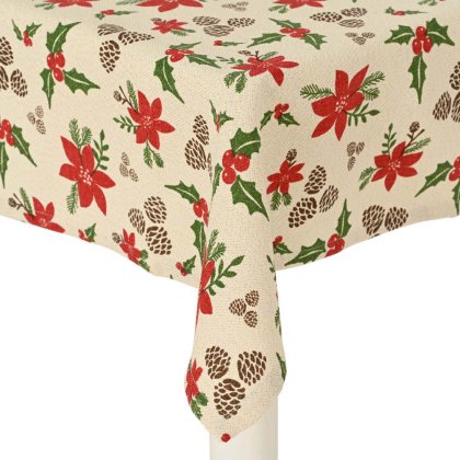 Table Cloth With Pinecones & Flowers White & Red 180cm x 140cm Table Cloth With Pinecones & Flowers White & Red 180cm x 140cm
