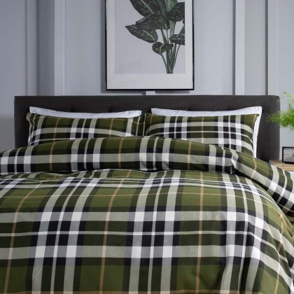 Fergus Brushed Cotton Check Duvet Cover Set Green (Multiple Sizes)