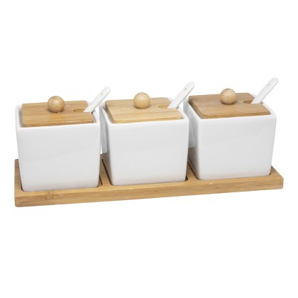 Porcelain Condiment Set With Bamboo Lid (Set Of 3) Porcelain Condiment Set With Bamboo Lid (Set Of 3)