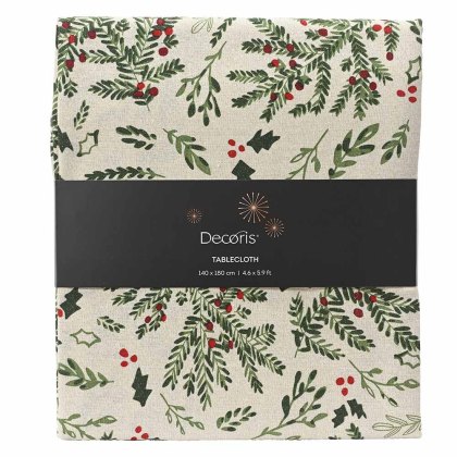 Tablecloth With Mistletoe & Holly Leaf White & Green 180cm x 140cm