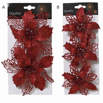 Decorative Poinsettia On Clip Christmas Red Multiple Sizes (Choice of 2) Decorative Poinsettia On Clip Christmas Red Multiple Sizes (Choice of 2)